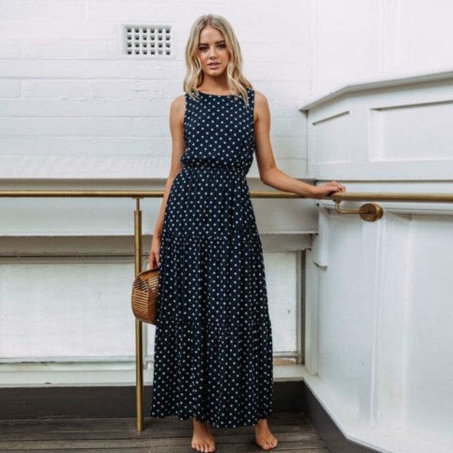 Blue and white 2025 polka dot maxi dress