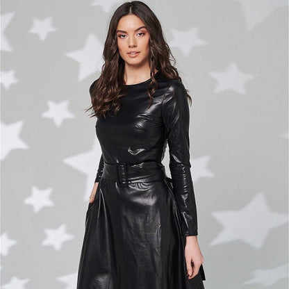 Belted Leather Dress For Women - Midi Dress - LeStyleParfait