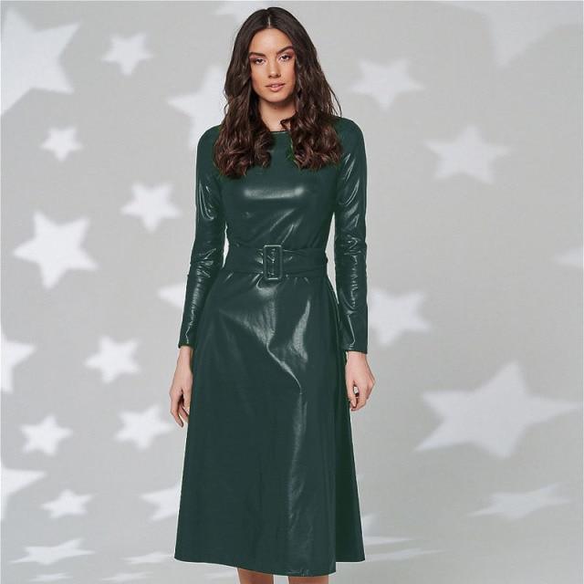 Belted Leather Dress For Women - Midi Dress - LeStyleParfait