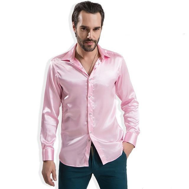 Fashion Men's Long Sleeve Satin Faux Silk Shirt Dress Casual Outfit Party  Blouse