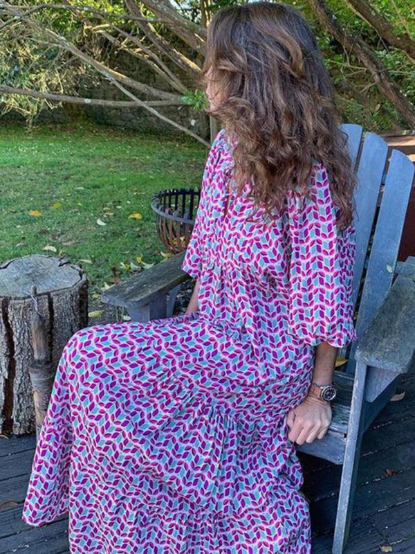 Geometric Puff-Sleeve Maxi Dress