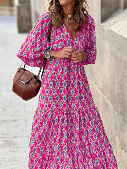 Geometric Puff-Sleeve Maxi Dress