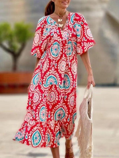 Geometric Puff-Sleeve Maxi Dress