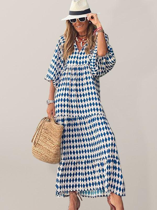 Geometric Puff-Sleeve Maxi Dress