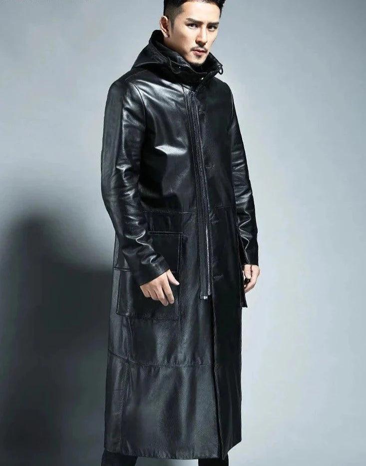 Men's Hooded Loose Leather Overcoat - Overcoat - LeStyleParfait