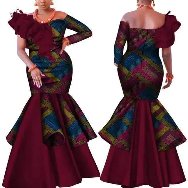 Slash Neck Burgundy African Dress - African Dress - LeStyleParfait