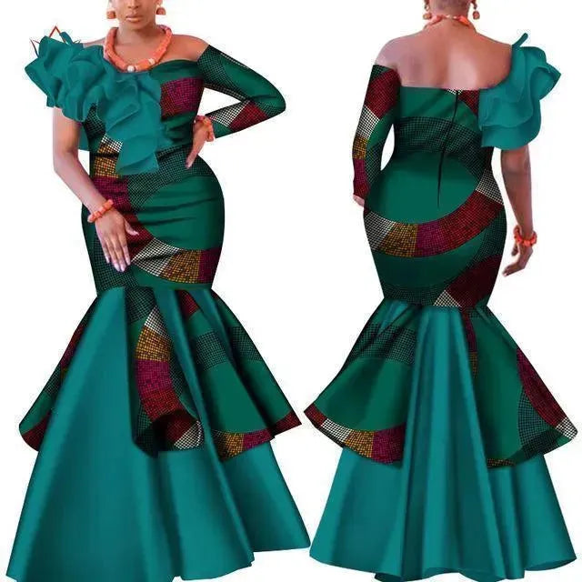 Slash Neck Green African Dress - African Dress - LeStyleParfait