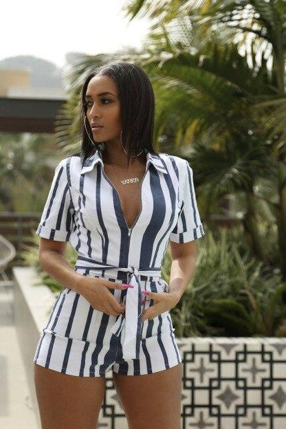 Striped Shorts Women Jumpsuits With Belt - LeStyleParfait Kenya