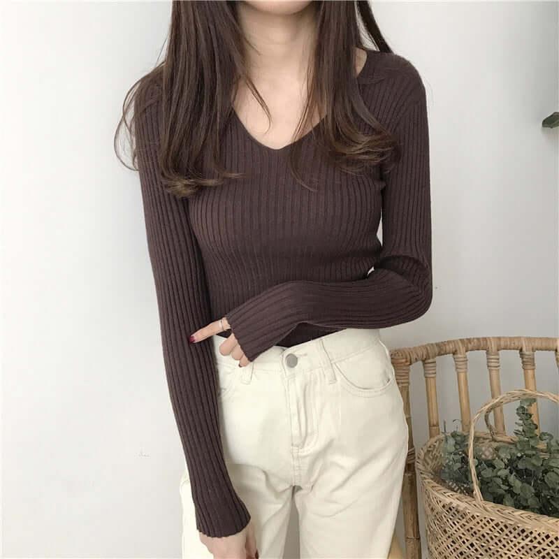 V-Neck Slim Knitted Sweater - Sweater - LeStyleParfait Kenya