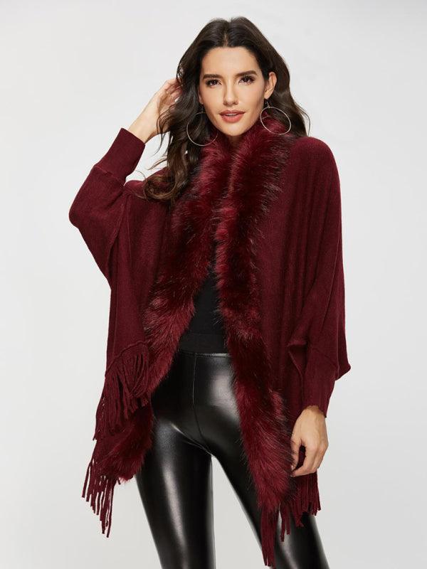 Women's Fur Collar Shawl Wool Coat - Shawl Coat - LeStyleParfait