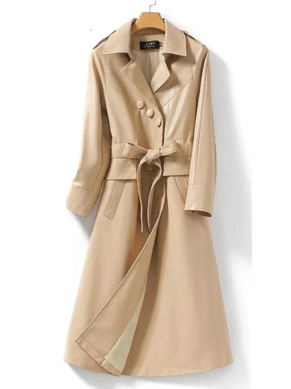 Women's Long Belted Leather Overcoat - Overcoat - LeStyleParfait