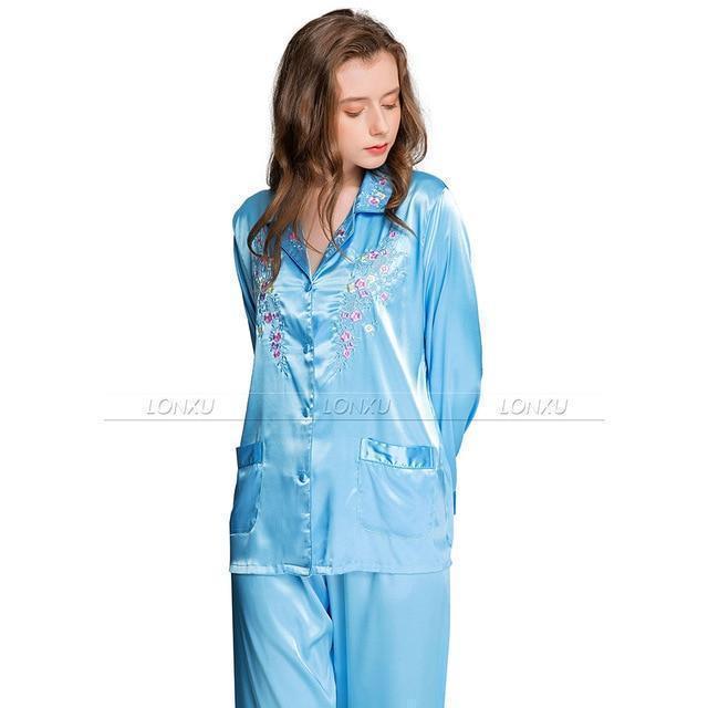 Women Silk Pajama, Embroidered - Pajama Pant Set - LeStyleParfait