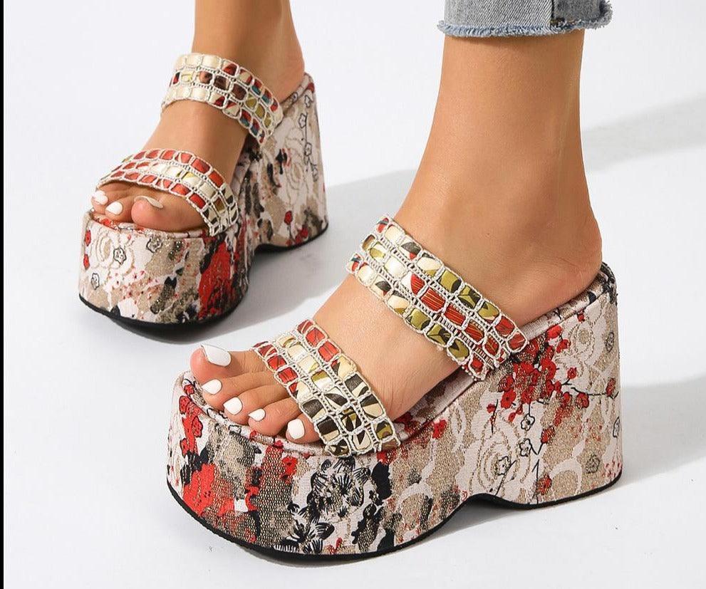 Multi-Color Floral Wedge Heels for Women for sale