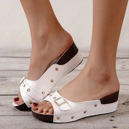 Front Buckle Low Wedge Sandals - Wedge Shoes - LeStyleParfait Kenya