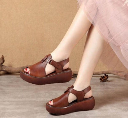 Leather Open-Toe Wedge Sandals - Wedge Shoes - LeStyleParfait Kenya