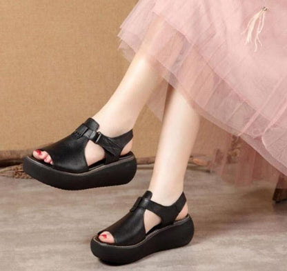 Leather Open-Toe Wedge Sandals - Wedge Shoes - LeStyleParfait Kenya